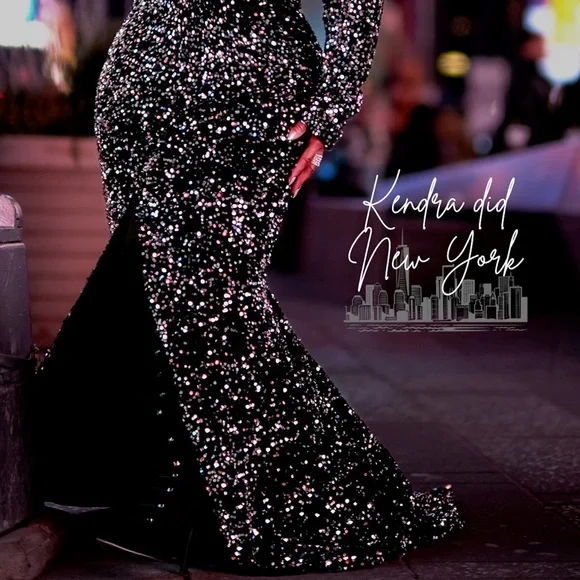 Silver Sequin Long Sleeve Gown with Mock Neck - Picture 10 of 11